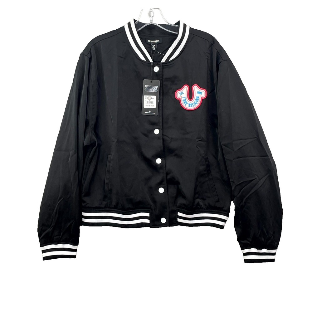 True Religion Horseshoe Satin Varsity Bomber Jacket Womens‎ XL Black Sportswear